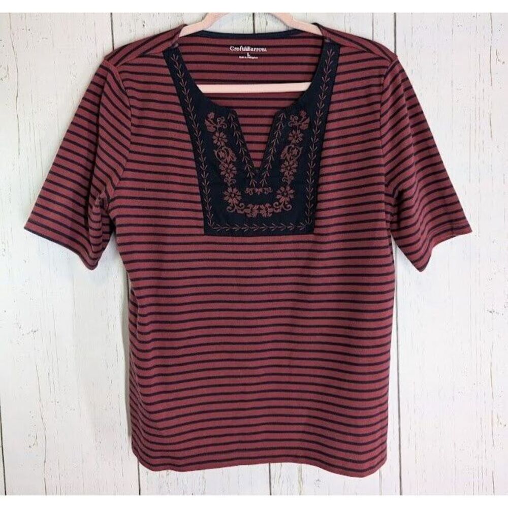 Croft Barrow Size Large Red Blue Stripe Floral Embroidered Trim Short Sleeve Top
